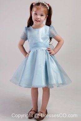 Blue A-line Scoop Knee-length Organza Bowknot Little Girl Dress