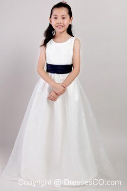White A-line Scoop Long Organza Belt Little Girl Dress