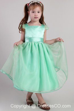 Apple Green A-line Square Tea-length Organza Belt Little Girl Dress