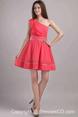 Coral Red A-line One Shoulder Mini-length Chiffon Prom / Cocktail Dress