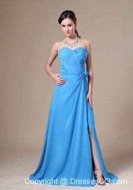 Teal High Slit Neckline Ruche and Flowers Decorate Bridesmaid Dress