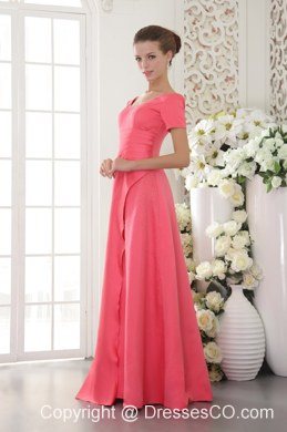 Coral Red Column / Sheath Scoop Long Satin Beading Prom Dress