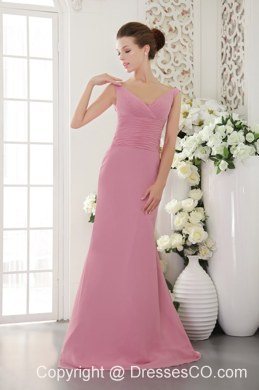 Baby Pink Column / Sheath V-neck Brush / Sweep Chiffon Ruche Prom Dress