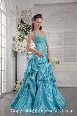 Aqua Blue Princess Halter Long Taffeta Appliques Prom / Graduation Dress