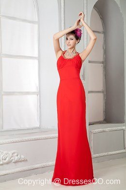 Custom Made Red Prom Dress Column Scoop Long Chiffon Beading