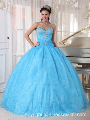Baby Blue Ball Gown Long Taffeta And Organza Appliques Quinceanera Dress