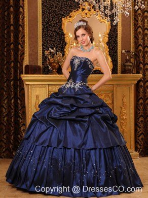 Remarkable Ball Gown Strapless Long Appliques Taffeta Navy Blue Quinceanera Dress