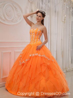Orange Ball Gown Long Organza Appliques Quinceanera Dress