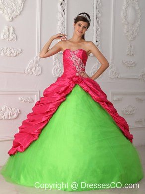 Green And Red Ball Gown Long Taffeta Appliques And Ruching Quinceanera Dress