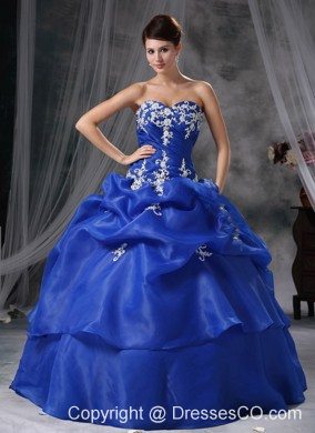 Blue Ball Gown Long Organza Appliques Quinceanera Dress