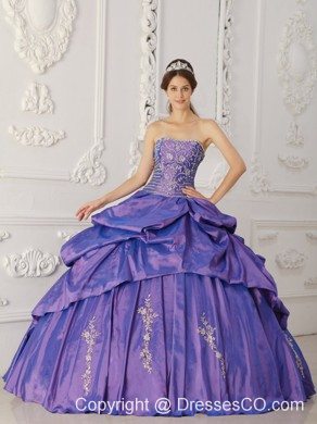 Purple Ball Gown Strapless Long Taffeta Embroidery And Beading Quinceanera Dress