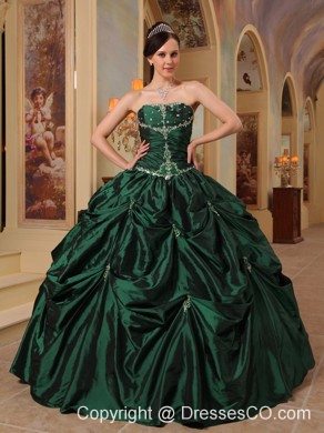 Hunter Green Ball Gown Strapless Long Beading Taffeta Quinceanera Dress