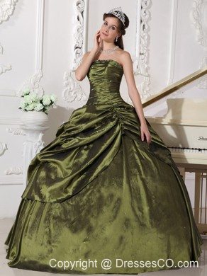 Olive Green Ball Gown Strapless Long Taffeta Beading Quinceanera Dress