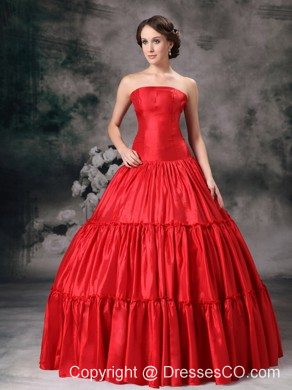 Red Ball Gown Strapless Long Taffeta Ruched Prom / Evening Dress