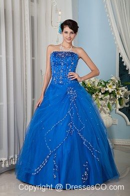 Blue A-line / Princess Strapsless Long Tulle Quinceanera Dress