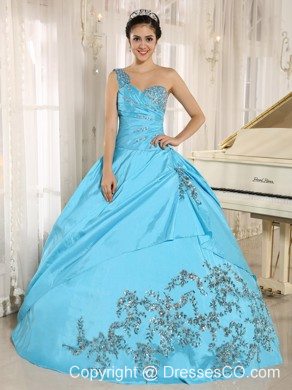 Aqua Blue Quinceanera Dress One Shoulder With Appliques and Beading 2013
