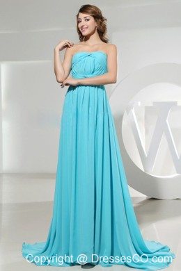 Strapless Ruching For Elegant Blue Prom Dress With Brush Train