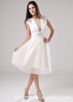A-line Scoop Tea-length Tulle Beading Prom Dress