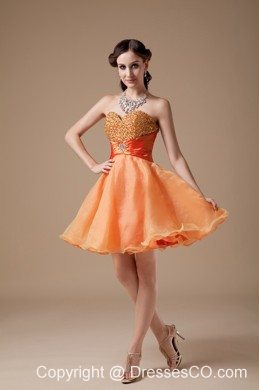 Cheap Orange Red A-line Prom Dress Organza Beading Mini-length