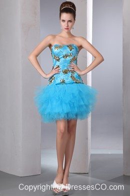 Aqua Blue A-line Strapless Short Prom Dress Tulle And Taffeta Sequins Mini-length