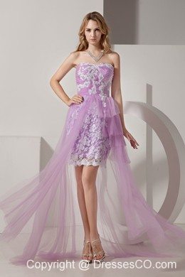 Lavender Strapless High-low Taffeta and Tulle Prom Dress with White Appliques