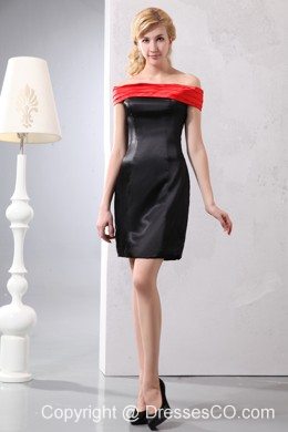 Red And Black Column Off The Shoulder Mini-length Taffeta Ruching Prom Dress