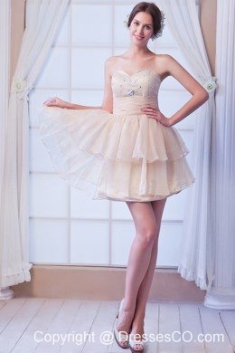 Champagne A-line Prom Dress Beading Satin And Organza Mini-length
