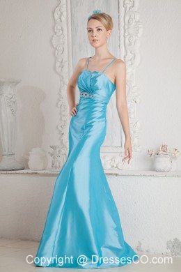 Aqua Blue Junior Prom Dress Mermaid Straps Beading Satin