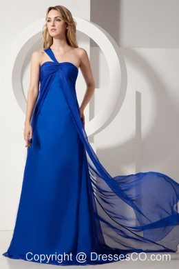 Royal Blue A-line One Shoulder Brush Train Satin and Chiffon Ruched Prom / Evening Dress