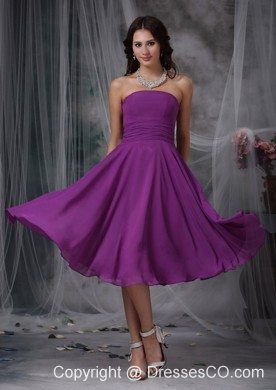 Purple Empire Strapless Tea-length Chiffon Ruched Prom Dress