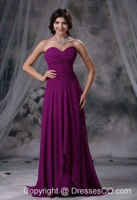 Ruched Decorate Bodice Purple Chiffon Brush Train Neckline Prom / Evening Dress