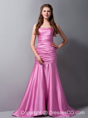 Rose Pink Mermaid Strapless Brush Train Taffeta Ruching Prom Dress