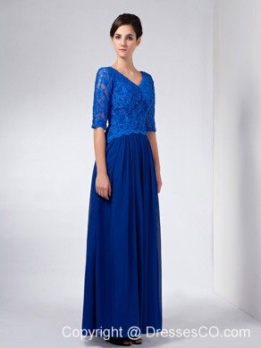 Blue Column V-neck Ankle-length Chiffon And Lace Beading Mother Of The Bride Dress