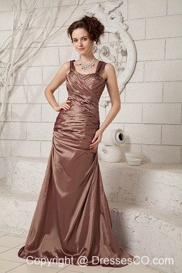 Brown Column Straps Brush Train Taffeta Ruched Mother Of The Bride Dress