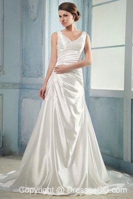 Luxurious Wedding Dress With V-neck Ruching Court Train Taffeta