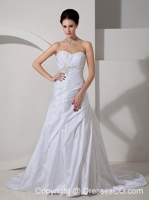 Discount A-line Court Train Taffeta Appliques and Ruched Wedding Dress