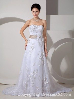 Elegant Column Strapless Court Train Satin Lace Belt Wedding Dress