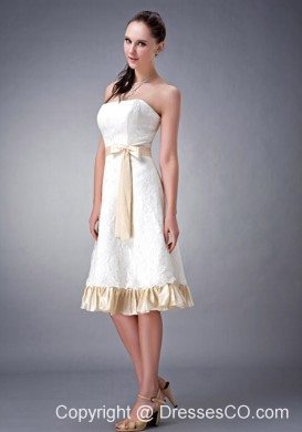 White And Champagne A-line / Princess Strapless Tea-length Lace Sash Bridesmaid Dress