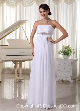 White Beaded Chiffon Simple Wedding Dress Empire Long