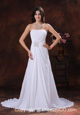 Chiffon White Beaded Decorate Wedding Dress With Brush Train