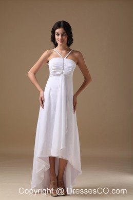 White Empire Halter High-low Chiffon Beading Prom Dress