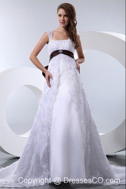 Fashionable A-line Straps Court Train Taffeta and Lace Bow Beading Wedding Dress