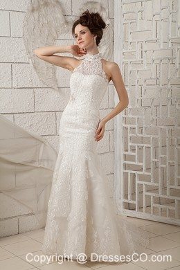 Customize Mermaid High-neck Brush Train Lace Appliques Wedding Dress
