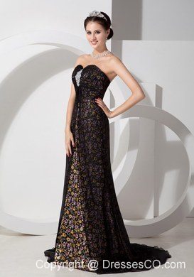 Beautiful Black Column Print Prom Dress Chiffon with Beading