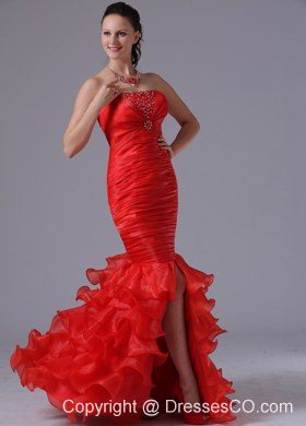 Red Mermaid Sheath Ruffles Layered Ruched Decorate and Beading Prom Celebrity Dress