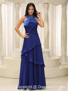 Feather Halter Top and Pleat Celebrity Dress Royal Blue For Graduation