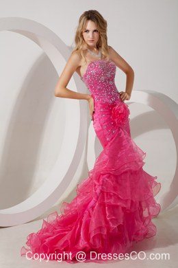 Hot Pink Mermaid Strapless Brush Ruffles Train Prom / Evening Dress with Beading