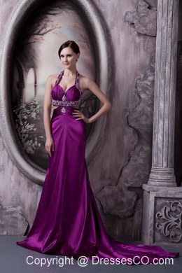 Pretty Eggplant Purple Column Halter Prom Dress Silk Like Satin Beading Court Train