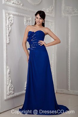 Luxurious Royal Blue Prom Dress Empire Beading Brush Train Chiffon