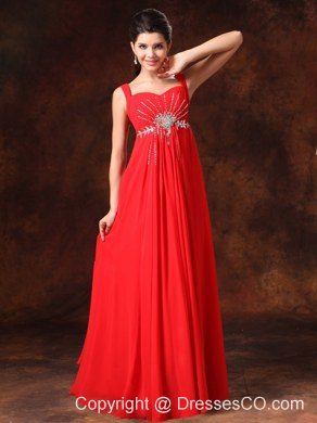 Red Empire Beaded Chiffon Straps Prom Dress For Custom Made